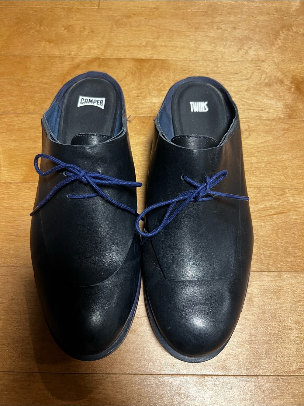 Camper Black Leather Slip-On Loafers with Navy Laces